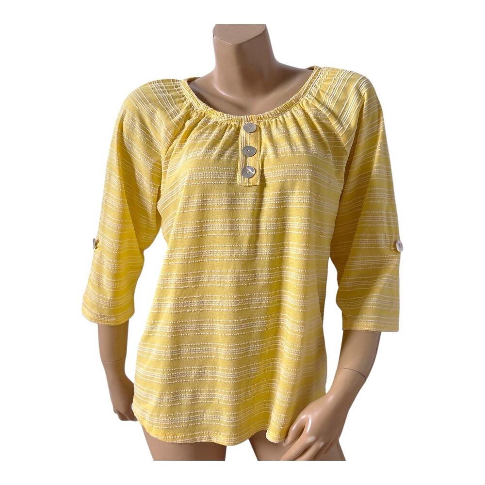 Adrienne Vittadini Yellow Textured Peasant Top Roll Tab Sleeves Women's XL